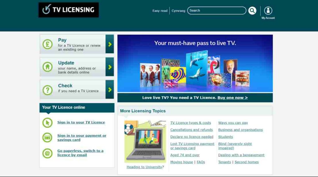UK TV licensing official website