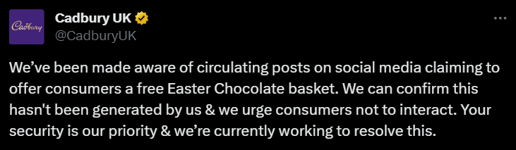 Cadbury issues warning