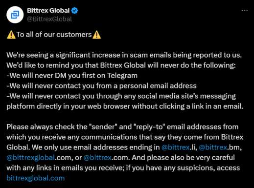 Bittrex Twitter advisory